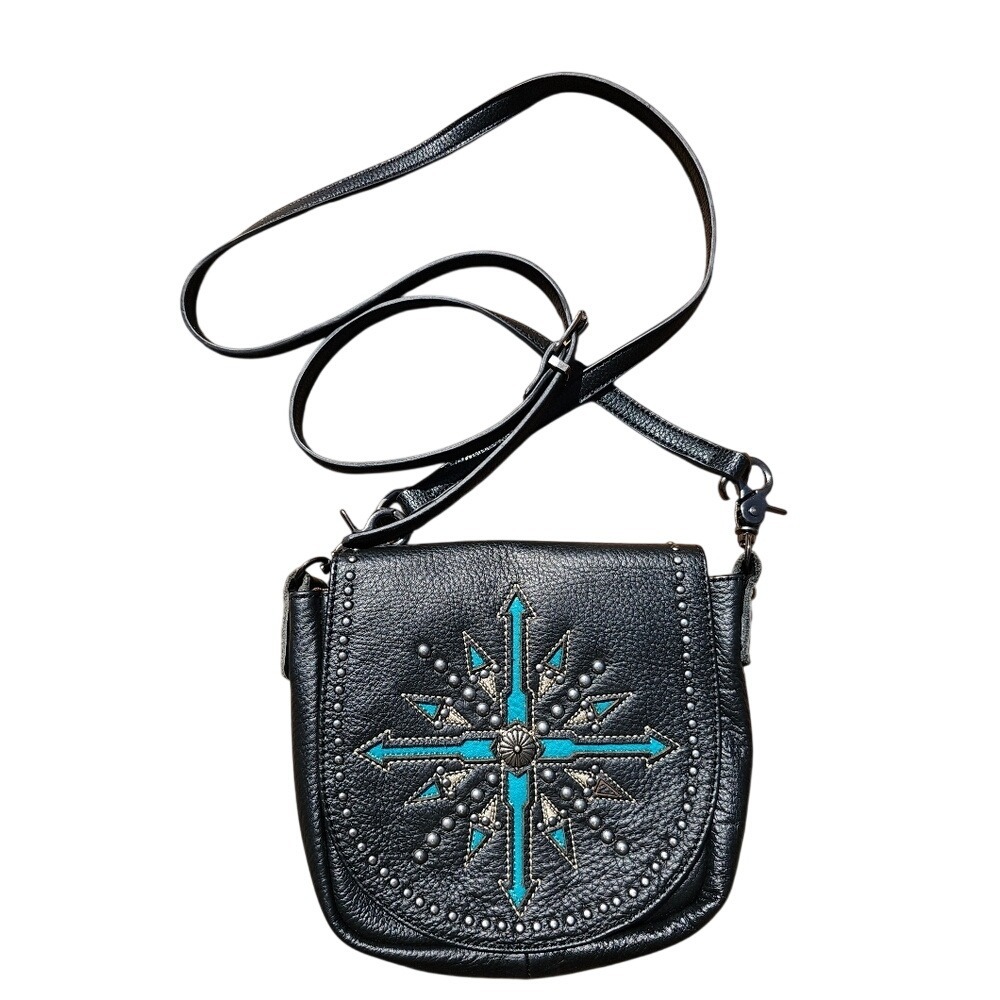Black and Blue Embellished Studded Western Women's Crossbody Leather Bag Details - Picture 5 of 14